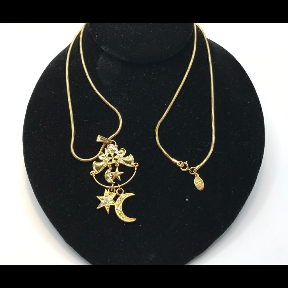 Kirks & Folly Necklace with Moon & star charm holder, with Moon and Star charm